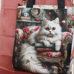 Чанта, черна текстилна, десен с котка